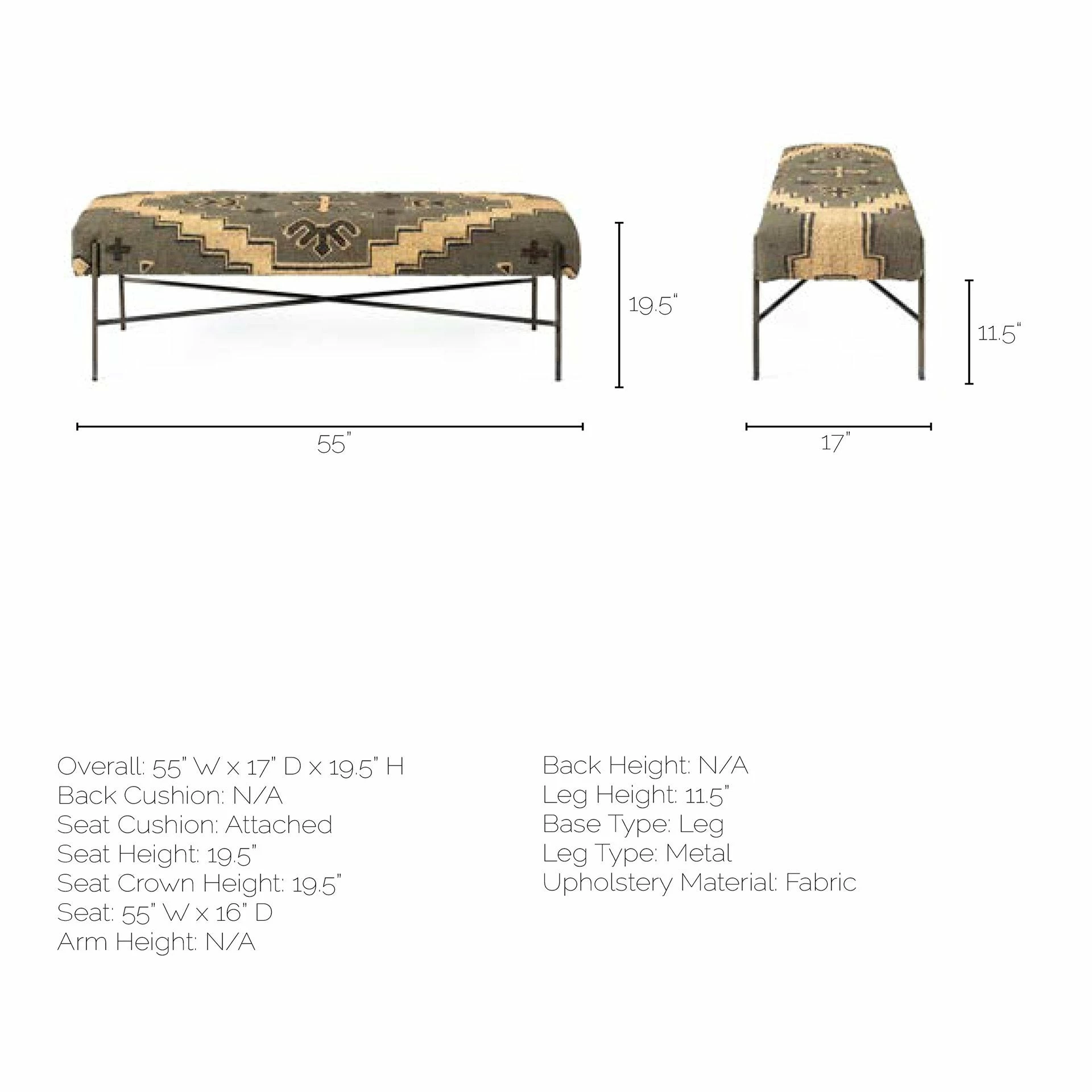 Best Pirce π Mercana Avery I Olive & Beige Upholstered Patterned Seat Accent Bench - 55"W X 17"D X 18"H Cream 𧨠- Image 9
