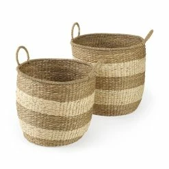 Promo 🎁 Mercana Bradley 18.1L X 18.1W X 16.0H (Set Of 2) Light Brown W/Striped Seagrass Basket W/ Handles 👏