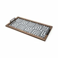 Outlet ❤️ Mercana Fantuz Gray Metal, Wood And Glass Serving Tray - 32"L X 16"W X 2.5"H 🔔