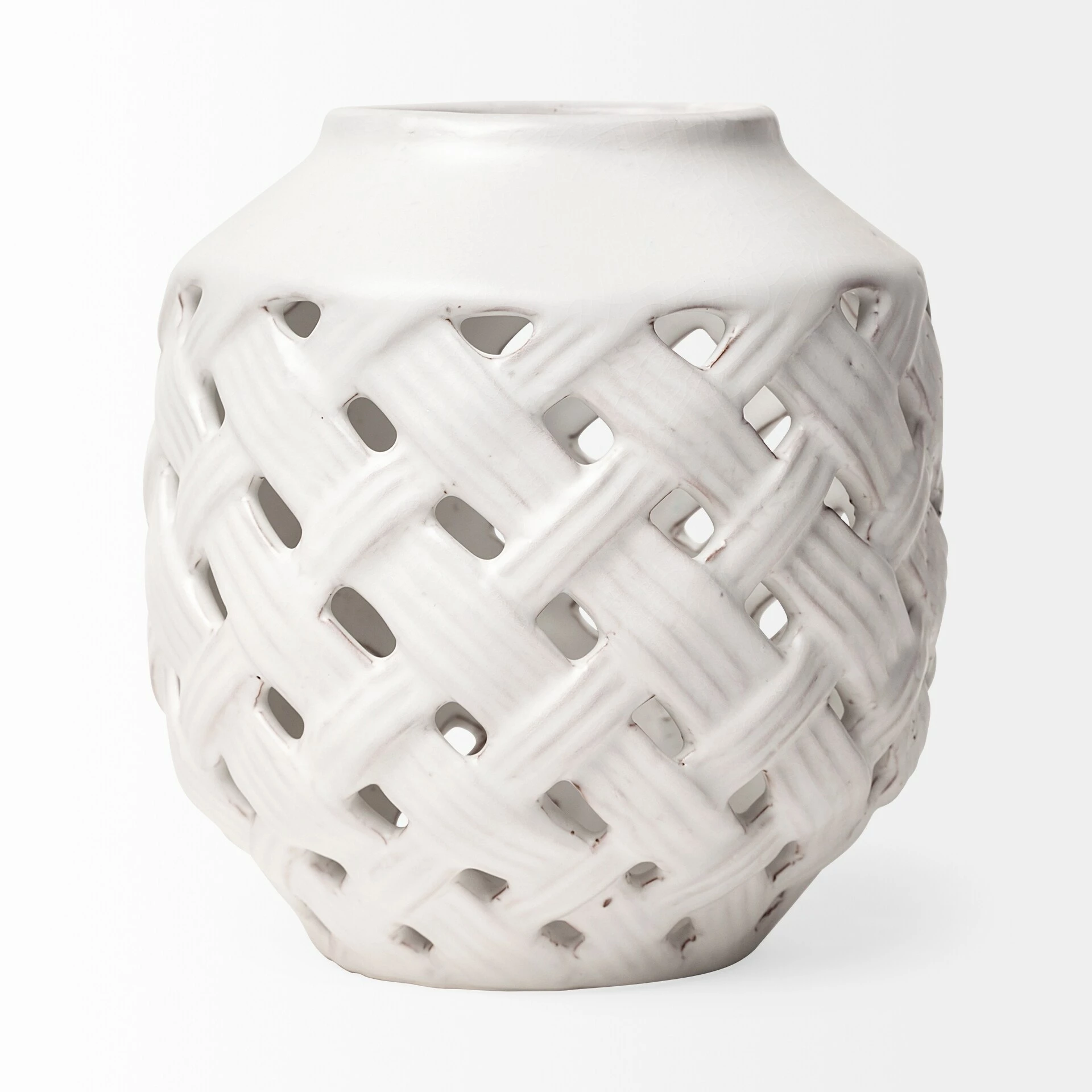 New ๐ Mercana Forillon I Short White Glazed Lattice Pattern Vase - 8"W X 8"D X 8"H โจ - Image 2