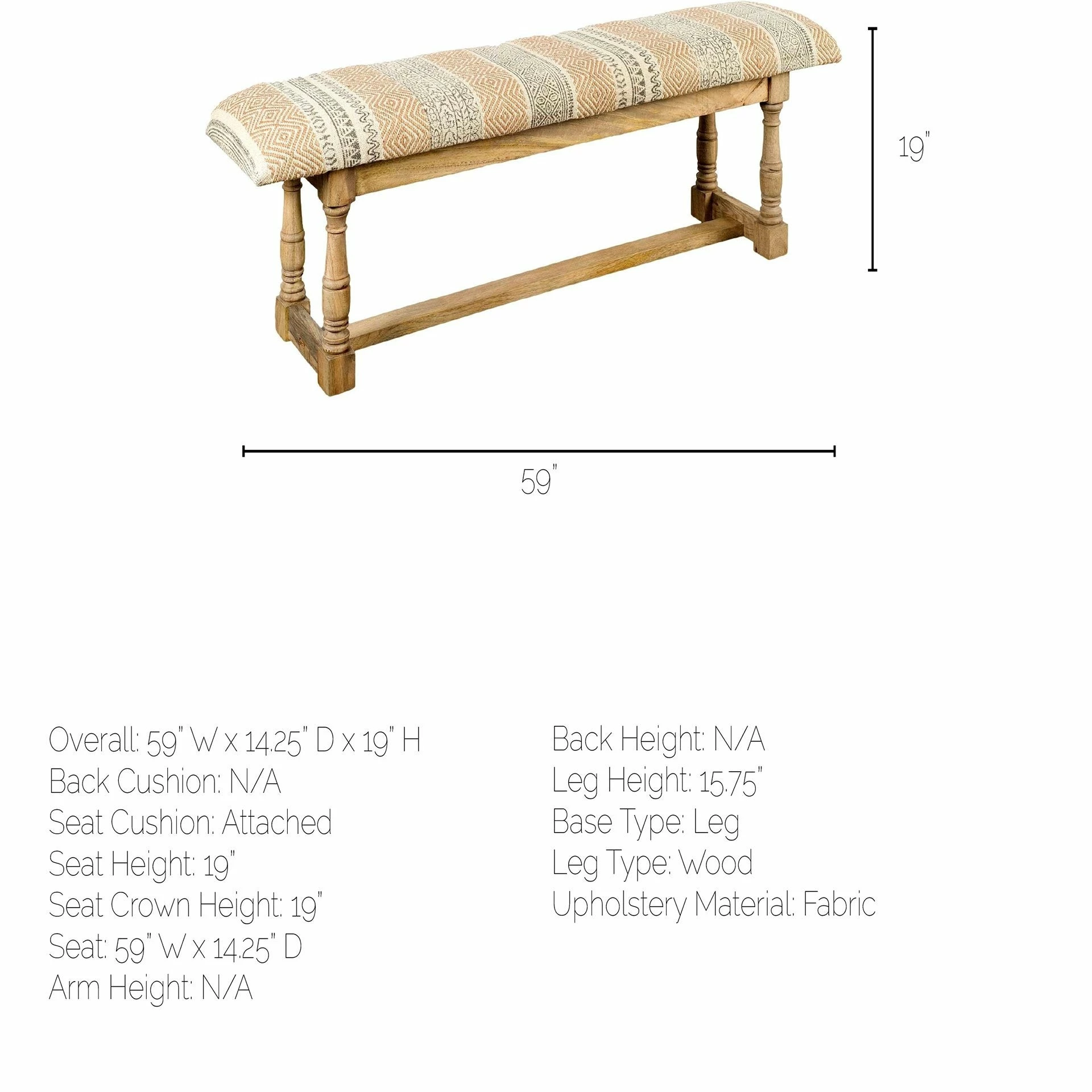 Best Sale ๐คฉ Mercana Greenfield II Tan Patterned Fabric W/ Wood Frame Accent Bench - 59"W X 14.3"D X 19"H ๐ - Image 6