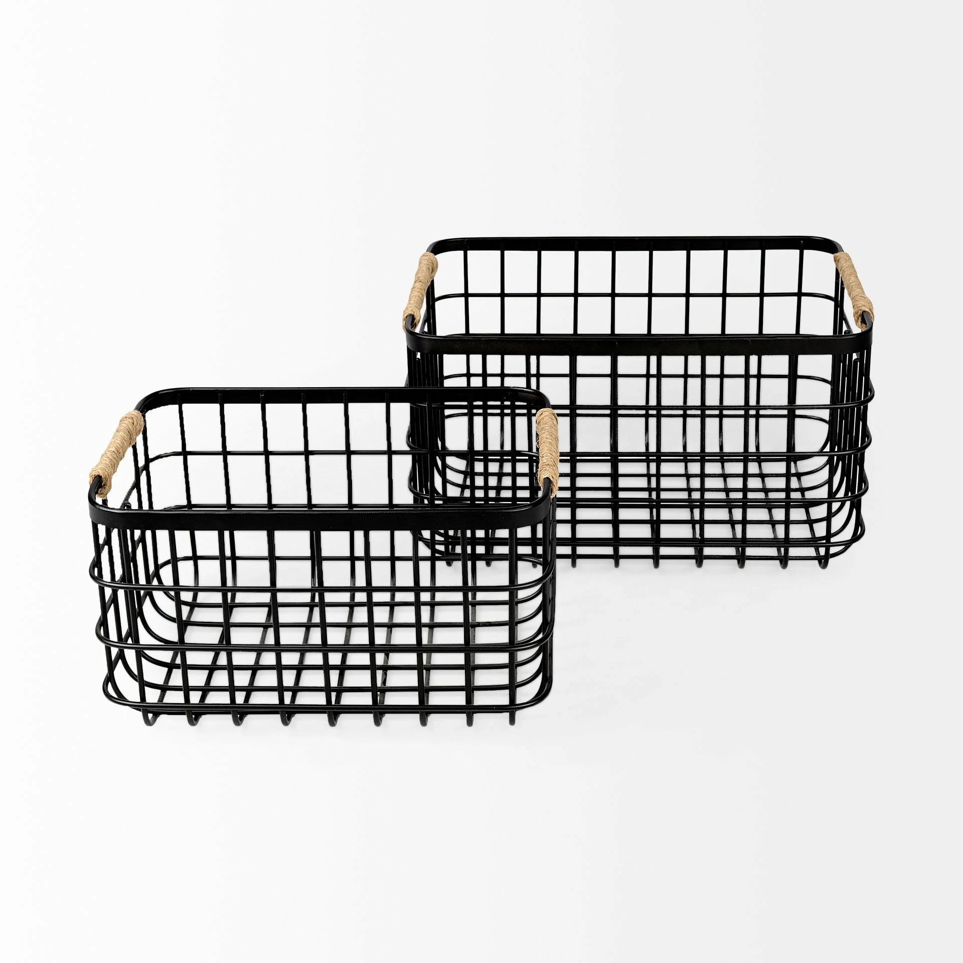 Best deal 🌟 Mercana Marius 20.9L X 15.2W X 12.2 Set Of Two Matte Black Metal W/ Rope Trim Rectangular Baskets 💯 - Image 2