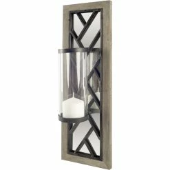 Wholesale ⭐ Mercana Benji 24"H Brown Wood Frame Black Metal Accent Mirrored Wall Candle Holder - 8"W X 6.1"D X 24"H 😉