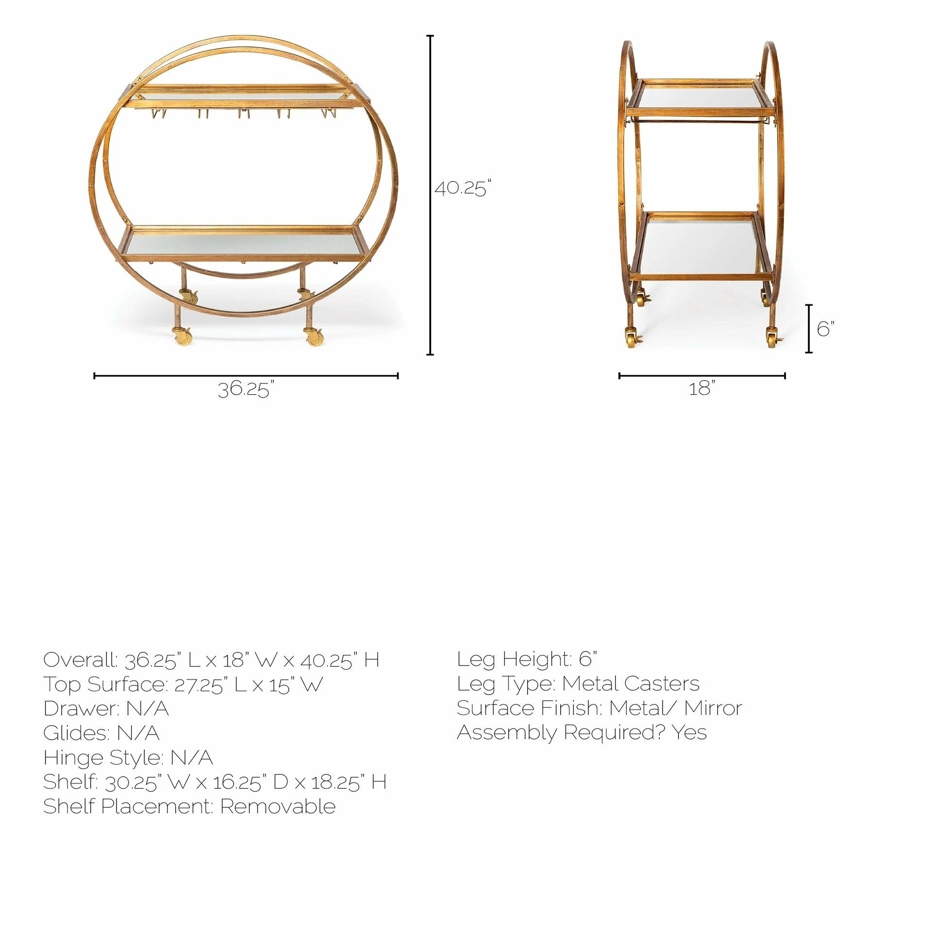 Buy β Mercana Carola Gold Frame Two-Tier Glass Shelves W/Stemware Holder Bar Cart - 36.25L X 18.0W X 40.25H π - Image 13