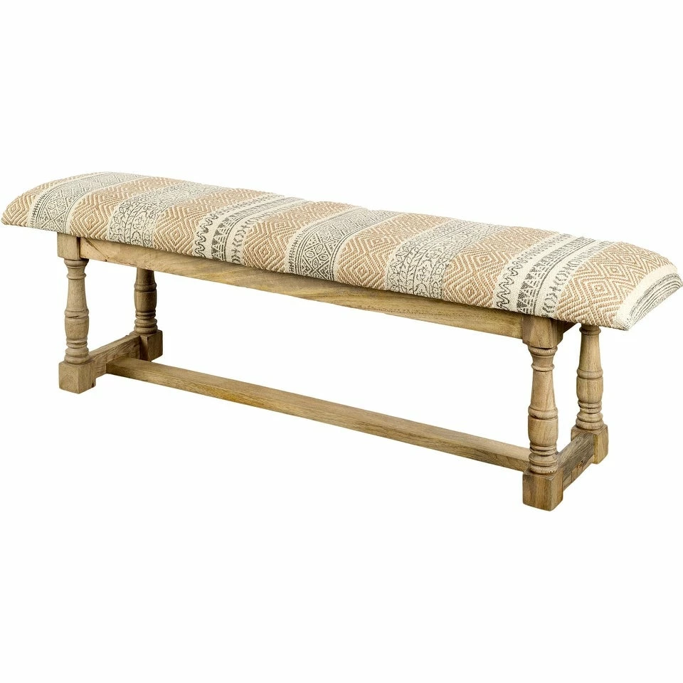Best Sale ๐คฉ Mercana Greenfield II Tan Patterned Fabric W/ Wood Frame Accent Bench - 59"W X 14.3"D X 19"H ๐