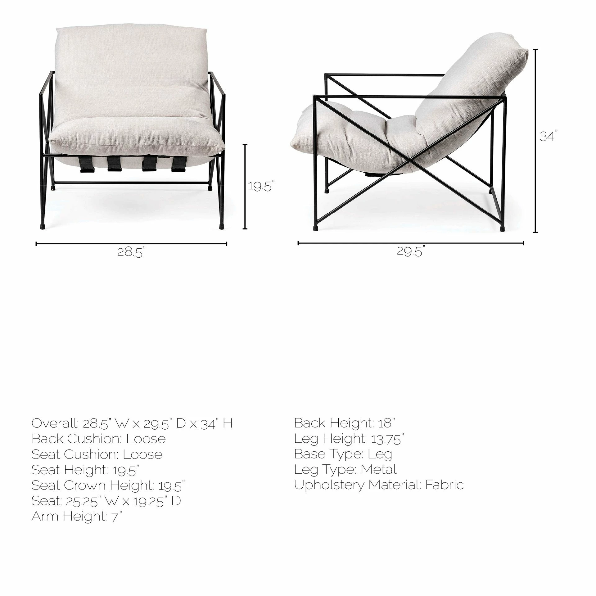 Promo π Mercana Leonidas Cream Upholstered Padded Seat And Black Metal Frame Accent Chair - 28.5W X 29.5D X 34.0H π - Image 14