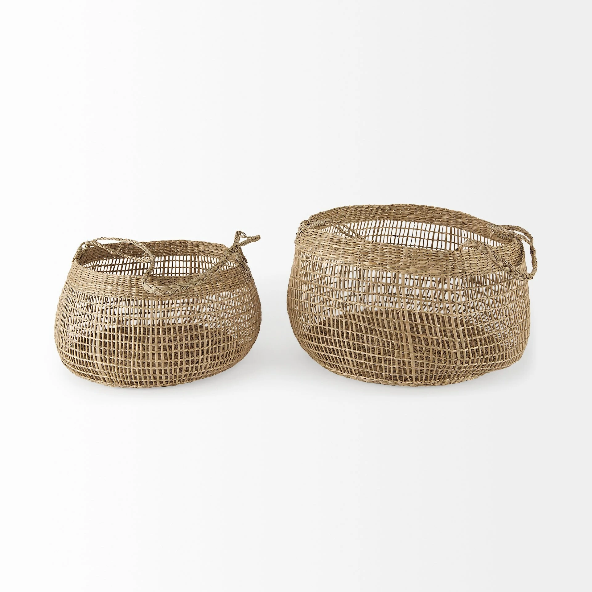 Best deal 𧨠Mercana Nova 15.0L X 15.0W X 9.4H (Set Of 2) Light Brown Seagrass Woven Round Basket W/ Long Handle π - Image 2