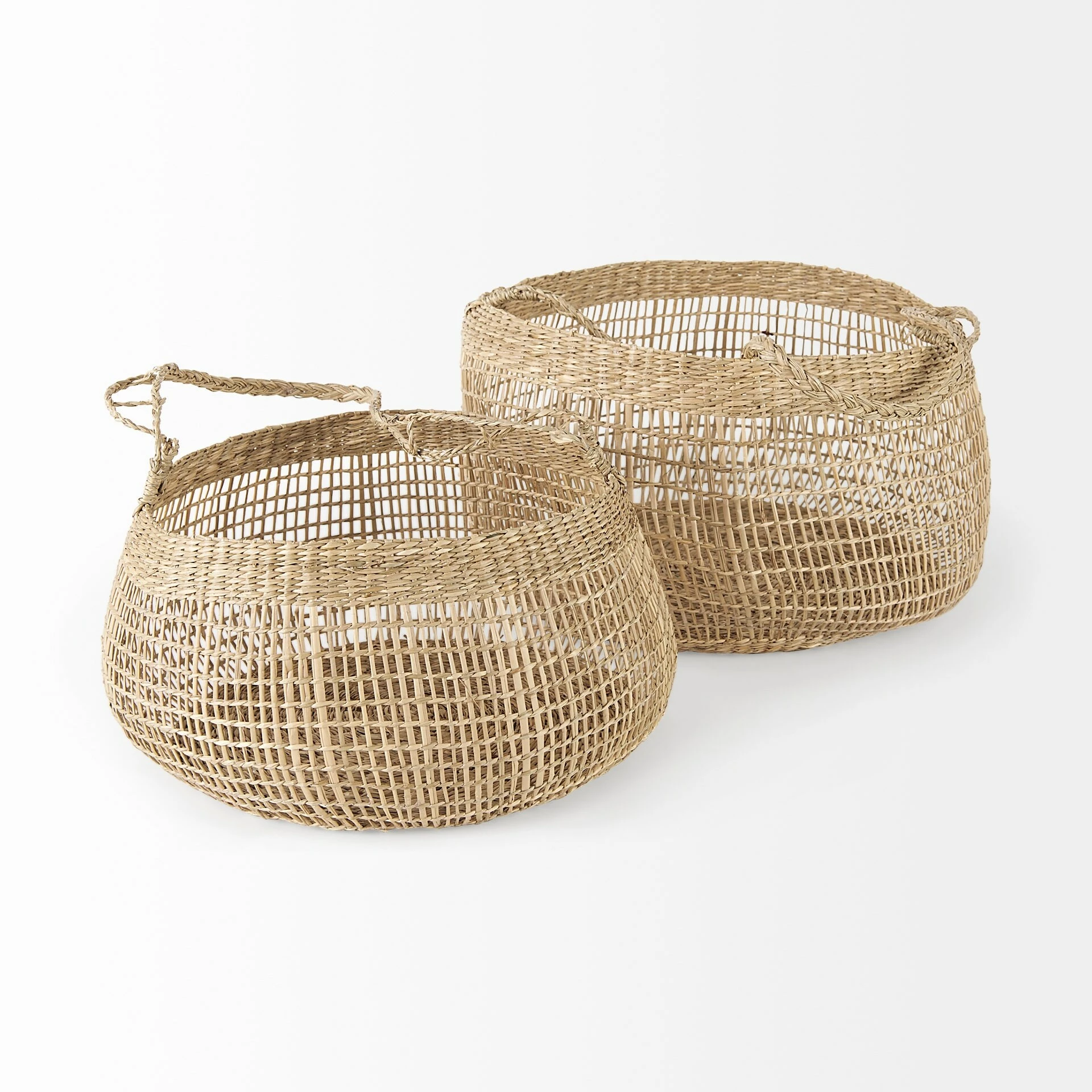 Best deal 𧨠Mercana Nova 15.0L X 15.0W X 9.4H (Set Of 2) Light Brown Seagrass Woven Round Basket W/ Long Handle π - Image 3