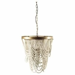 Coupon 😍 Mercana Pendra Gold Metal W/ Whitewashed Wooden Beads & 3 Bulbs Chandelier - 26"W X 26"D X 23"H ✔️