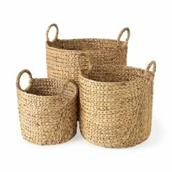 Best deal 🔥 Mercana Sivan 19.7L X 19.7W X 23.6H (Set Of 3) Light Brown Water Hyacinth Round Basket W/ Handles ⭐