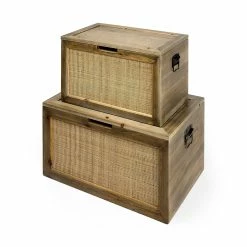 Deals ✔️ Mercana Sonny 23.6L X 15.7W X 13.8H Set Of Two Brown Wood And Wicker W/ Metal Detail Rectangular Boxes - 23.6L X 15.7W X 13.8H ❤️