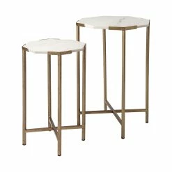 New 🛒 Mercana Vincent II 15.5 X 24.5 Set Of Two White Marble And Iron Octagon End/Side Tables 🎁