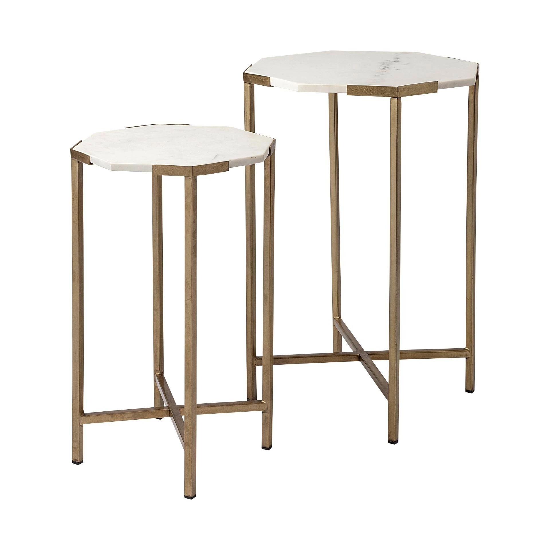 New ๐ Mercana Vincent II 15.5 X 24.5 Set Of Two White Marble And Iron Octagon End/Side Tables ๐